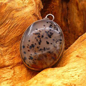 1970s Vintage Black Spotted Dalmatian Montana Style Agate Silver Pendant Only